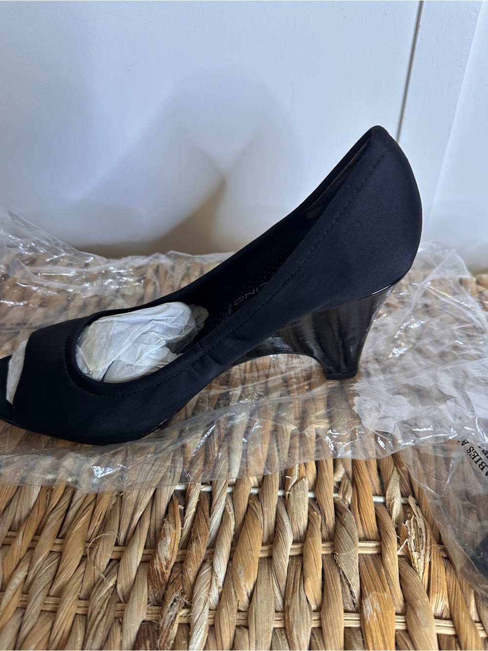Bandolino Black Satin Peep-Toe Wedge Pump